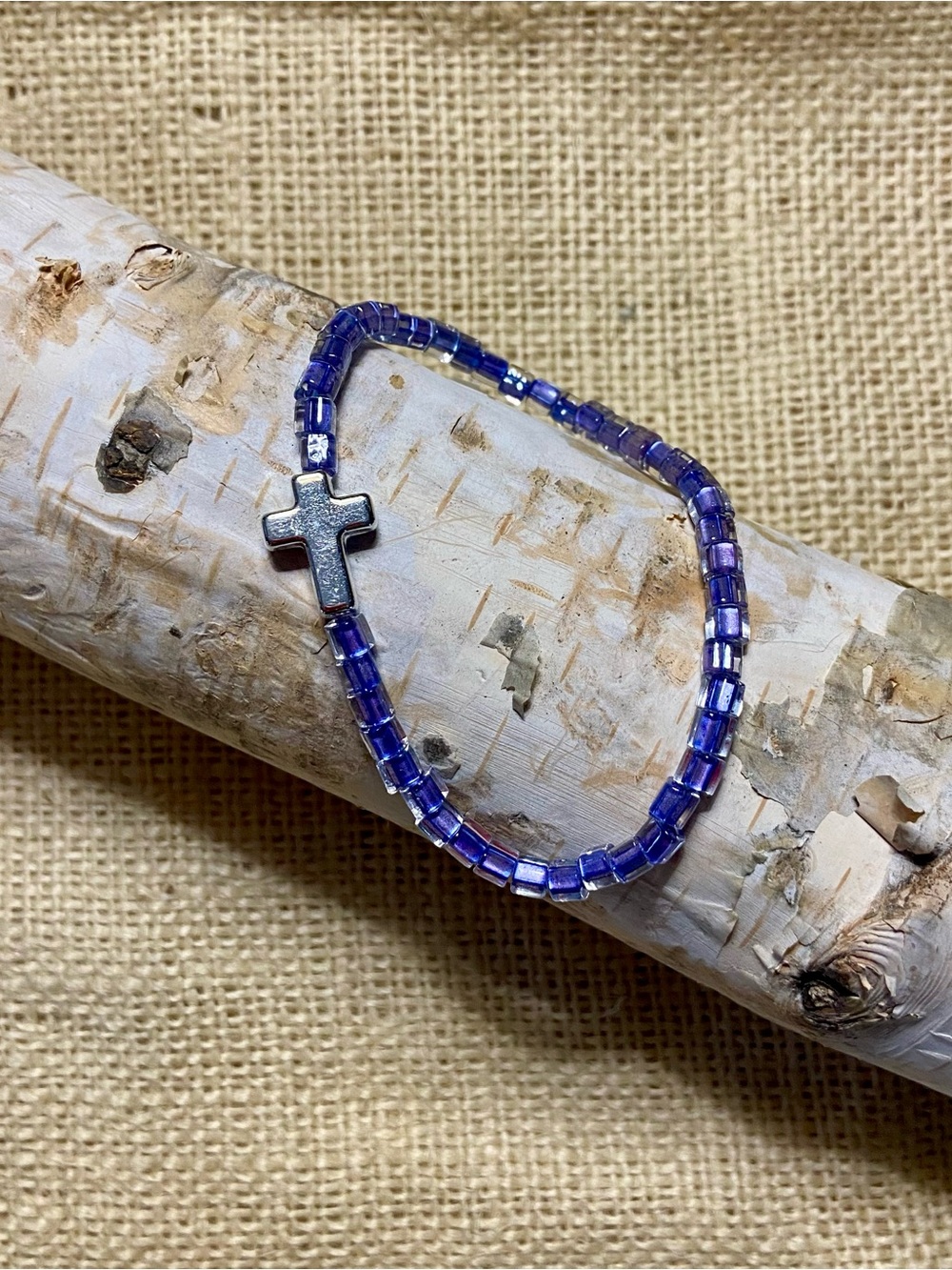 Blue Beaded Cross Stretch Bracelet - Unbranded